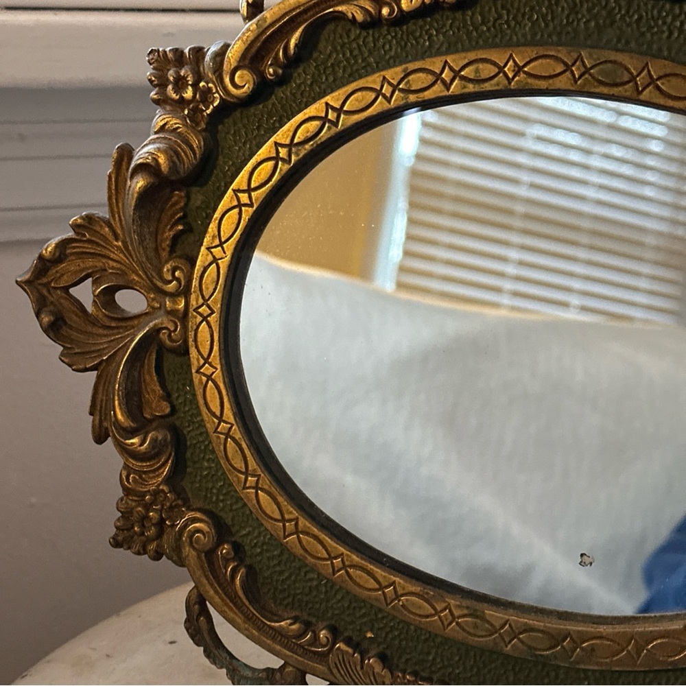 Antique MIRROR Baroque French vanity free standing solid Brass with green detail - Picture 15 of 16